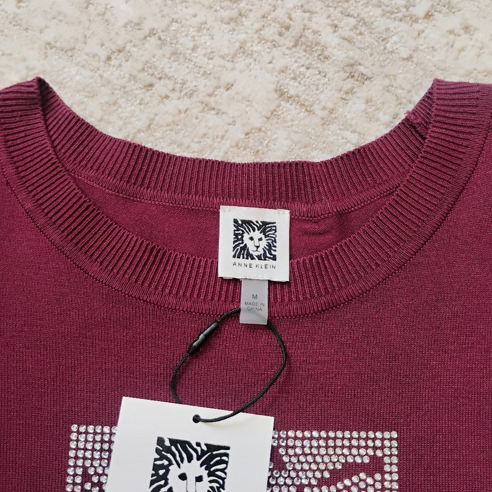 NWT M Anne Klein Maroon Tiger Rhinestone Logo Crew Long Sleeve Sweater NEW - Picture 4 of 10